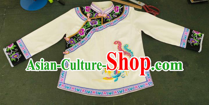 Chinese Bouyei Nationality Embroidered Phoenix Beige Blouse Ethnic Garment Guizhou Minority Top Wear