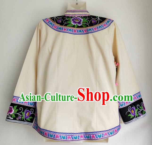 Chinese Bouyei Nationality Embroidered Phoenix Beige Blouse Ethnic Garment Guizhou Minority Top Wear