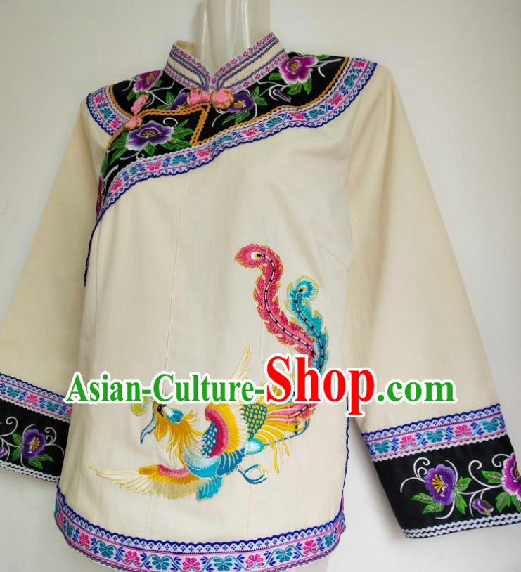 Chinese Bouyei Nationality Embroidered Phoenix Beige Blouse Ethnic Garment Guizhou Minority Top Wear