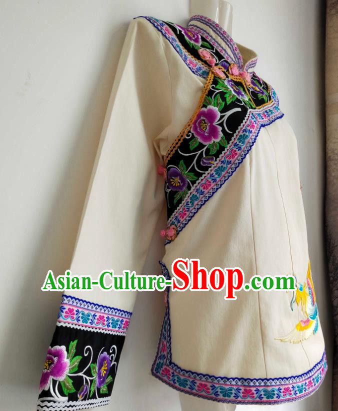 Chinese Bouyei Nationality Embroidered Phoenix Beige Blouse Ethnic Garment Guizhou Minority Top Wear