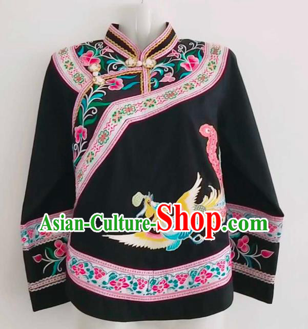Chinese Baise Minority Ethnic Dance Wear Zhuang Nationality Embroidered Black Blouse Folk Dance Top Garment