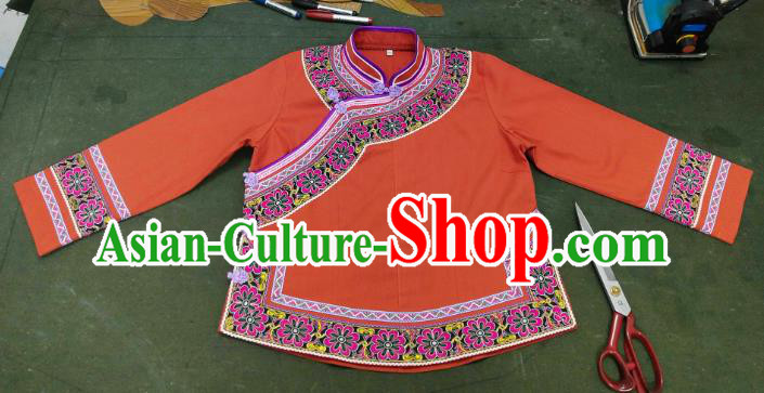 Chinese Guizhou Minority Top Wear Bouyei Nationality Embroidered Jacinth Blouse Ethnic Garment