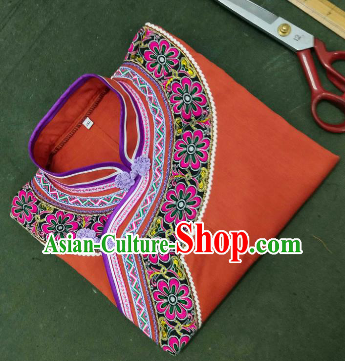 Chinese Guizhou Minority Top Wear Bouyei Nationality Embroidered Jacinth Blouse Ethnic Garment