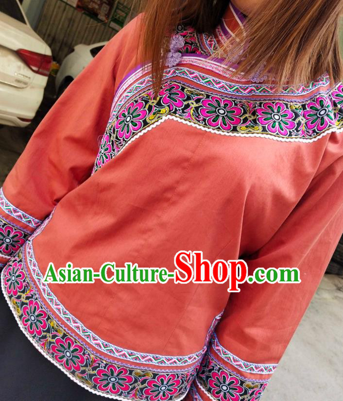 Chinese Guizhou Minority Top Wear Bouyei Nationality Embroidered Jacinth Blouse Ethnic Garment