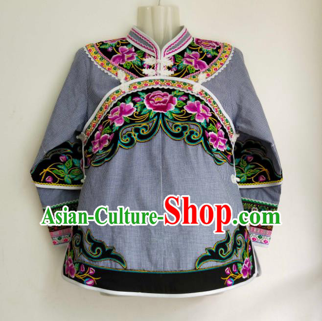 Chinese Bouyei Nationality Female Top Garment Guizhou Ethnic Embroidered Grey Blouse