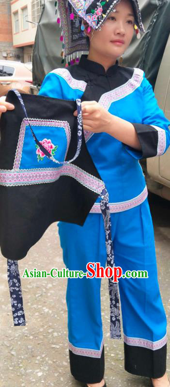 Chinese Traditional Yunnan Ethnic Folk Dance Blue Suits Clothing Bouyei Nationality Blouse and Pants