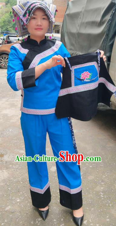 Chinese Traditional Yunnan Ethnic Folk Dance Blue Suits Clothing Bouyei Nationality Blouse and Pants