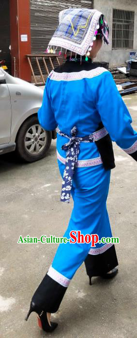 Chinese Traditional Yunnan Ethnic Folk Dance Blue Suits Clothing Bouyei Nationality Blouse and Pants