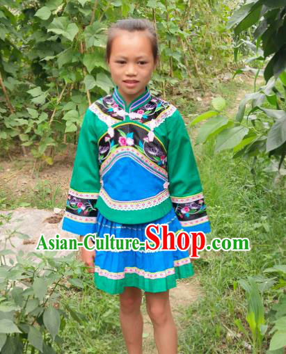 China Bouyei Nationality Green Blouse and Skirt Girls Outfits Traditional Puyi Ethnic Children Dance Clothing