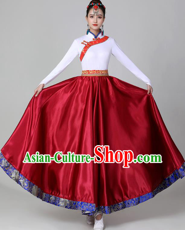 Chinese Tibetan Dance Wine Red Dress Traditional Zang Nationality Suits Ethnic Stage Performance Garments Costume