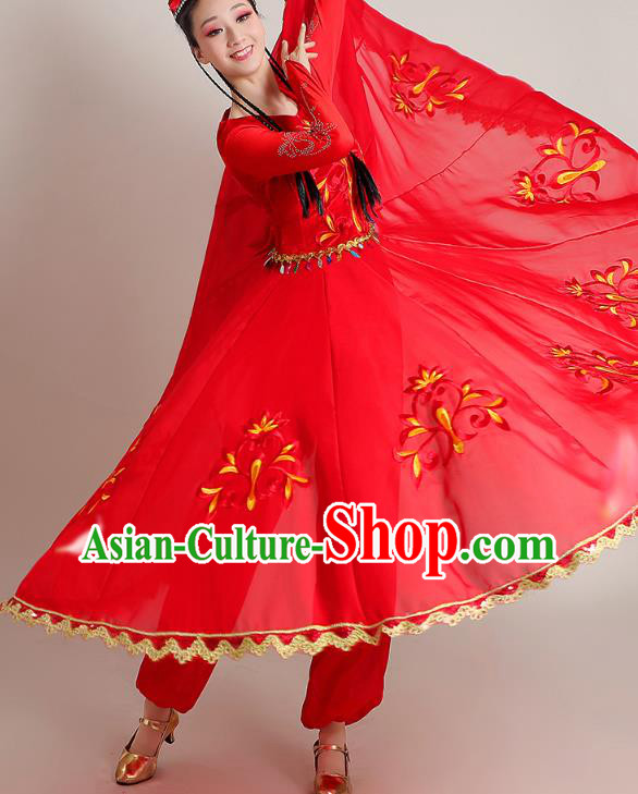 Chinese Xinjiang Dance Red Dress Ethnic Stage Performance Garments Costume Traditional Uygur Nationality Suits