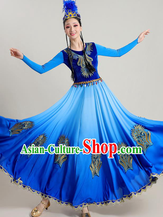 Chinese Traditional Uygur Nationality Deep Blue Suits Xinjiang Dance Dress Ethnic Stage Performance Garments Costume