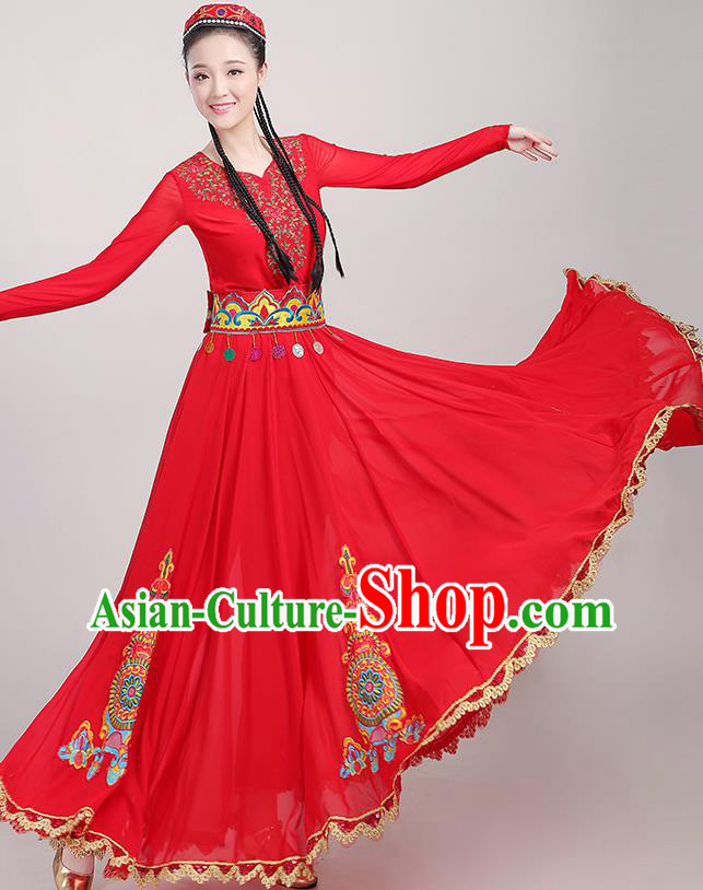 Chinese Xinjiang Dance Red Dress Ethnic Folk Dance Clothing Traditional Uygur Nationality Garments