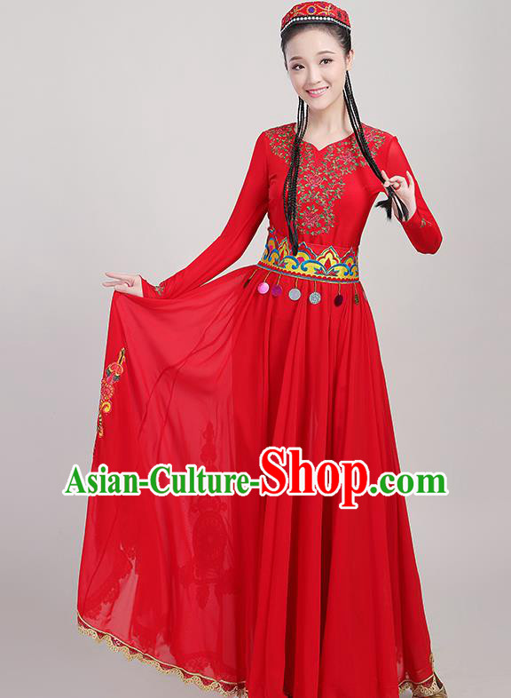 Chinese Xinjiang Dance Red Dress Ethnic Folk Dance Clothing Traditional Uygur Nationality Garments