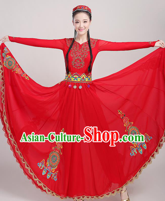 Chinese Xinjiang Dance Red Dress Ethnic Folk Dance Clothing Traditional Uygur Nationality Garments