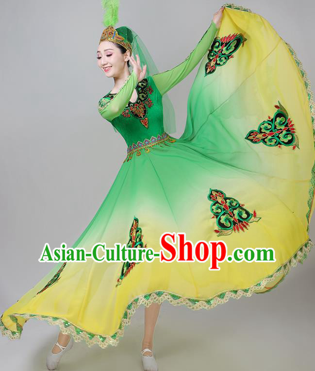 Chinese Ethnic Folk Dance Clothing Traditional Uygur Nationality Garments Xinjiang Dance Green Dress and Headwear