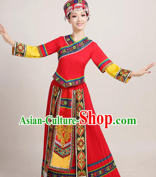 Chinese Yi Minority Female Red Dress Ethnic Folk Dance Clothing Traditional Miao Nationality Garments