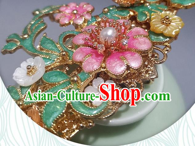 Chinese Ancient Court Lady Pearls Hairpin Traditional Ming Dynasty Enamel Peach Blossom Hair Stick