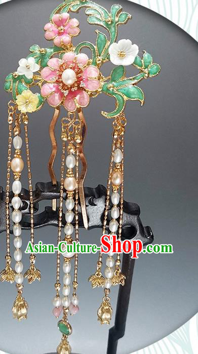 Chinese Ancient Princess Enamel Peach Blossom Hairpin Traditional Ming Dynasty Pearls Tassel Hair Stick
