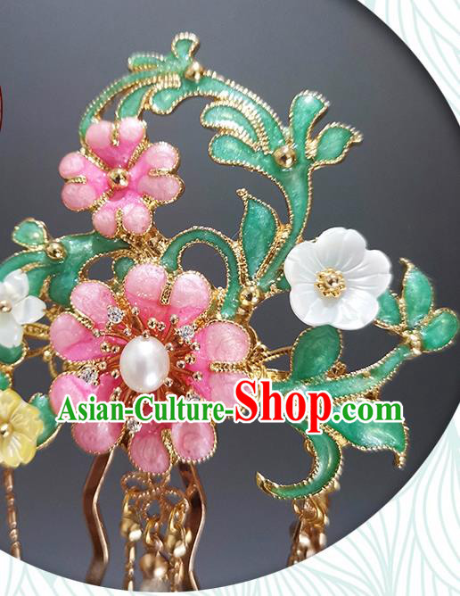 Chinese Ancient Princess Enamel Peach Blossom Hairpin Traditional Ming Dynasty Pearls Tassel Hair Stick