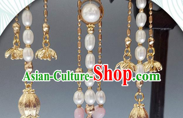 Chinese Ancient Princess Enamel Peach Blossom Hairpin Traditional Ming Dynasty Pearls Tassel Hair Stick