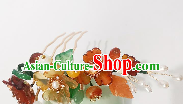 Chinese Ancient Princess Pearls Hairpin Traditional Song Dynasty Agate Flowers Hair Comb