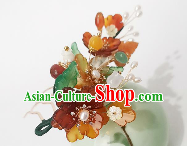 Chinese Ancient Princess Pearls Hairpin Traditional Song Dynasty Agate Flowers Hair Comb