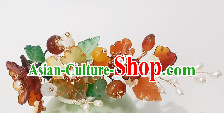 Chinese Ancient Princess Pearls Hairpin Traditional Song Dynasty Agate Flowers Hair Comb