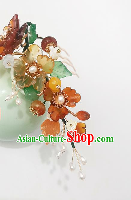Chinese Ancient Princess Pearls Hairpin Traditional Song Dynasty Agate Flowers Hair Comb