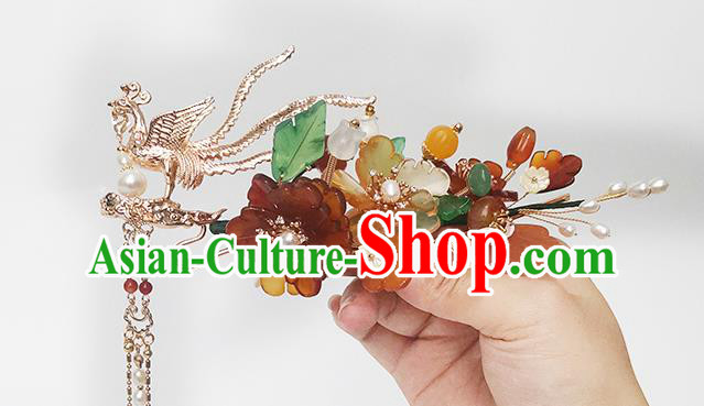 Chinese Ancient Empress Red Peony Hairpin Traditional Song Dynasty Golden Phoenix Tassel Hair Stick