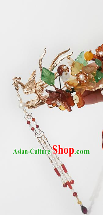Chinese Ancient Empress Red Peony Hairpin Traditional Song Dynasty Golden Phoenix Tassel Hair Stick