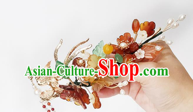 Chinese Ancient Empress Red Peony Hairpin Traditional Song Dynasty Golden Phoenix Tassel Hair Stick