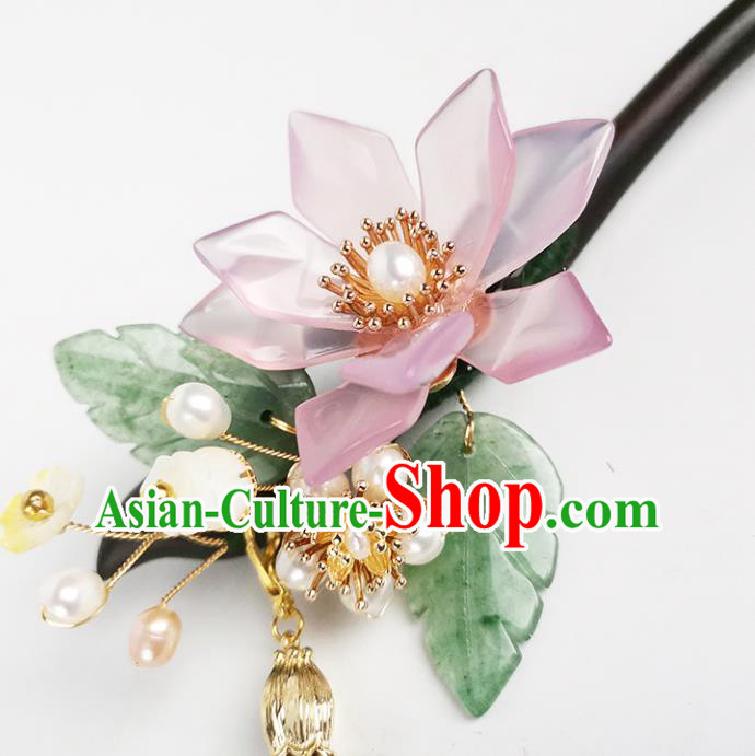 Chinese Ancient Princess Beads Tassel Ebony Hairpin Traditional Song Dynasty Pink Lotus Hair Stick