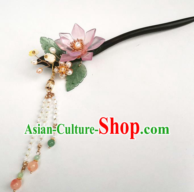 Chinese Ancient Princess Beads Tassel Ebony Hairpin Traditional Song Dynasty Pink Lotus Hair Stick