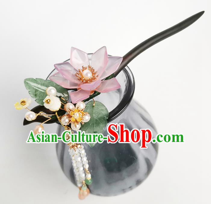 Chinese Ancient Princess Beads Tassel Ebony Hairpin Traditional Song Dynasty Pink Lotus Hair Stick