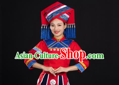 Chinese Ethnic Garment Clothing Traditional Zhuang Nationality Folk Dance Suits Guangxi Minority Wedding Dress and Headdress