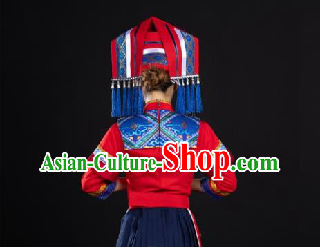 Chinese Ethnic Garment Clothing Traditional Zhuang Nationality Folk Dance Suits Guangxi Minority Wedding Dress and Headdress