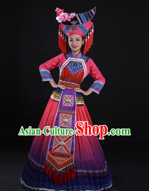 Chinese Traditional Zhuang Nationality Bride Suits Guangxi Minority Dance Pink Dress Ethnic Wedding Garment Clothing and Moon Hat