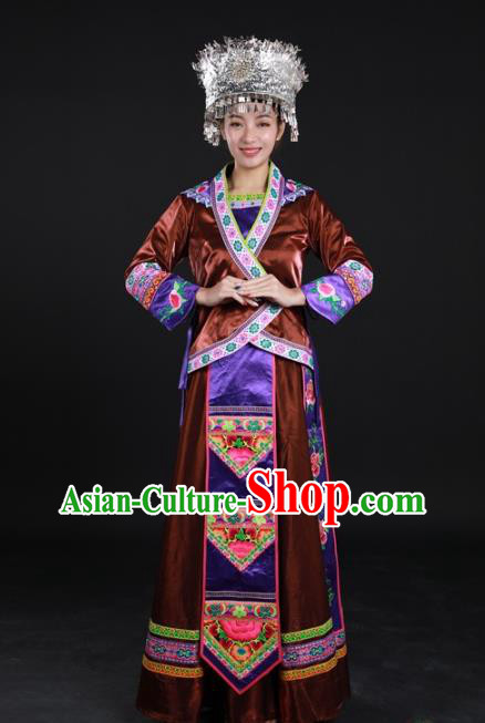 Chinese Xiangxi Minority Performance Brown Dress Ethnic Dance Garment Clothing Traditional Miao Nationality Suits and Silver Headdress