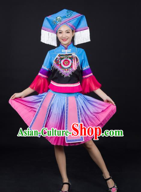 Chinese Ethnic Dance Performance Clothing Traditional Zhuang Nationality Female Garments Guangxi Minority Short Dress and Headwear