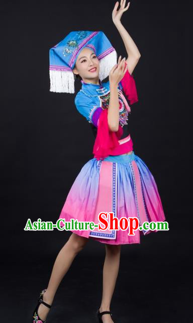 Chinese Ethnic Dance Performance Clothing Traditional Zhuang Nationality Female Garments Guangxi Minority Short Dress and Headwear
