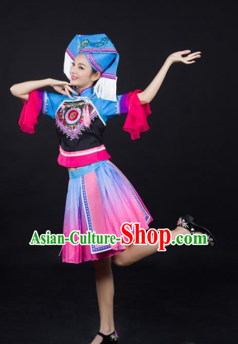 Chinese Ethnic Dance Performance Clothing Traditional Zhuang Nationality Female Garments Guangxi Minority Short Dress and Headwear
