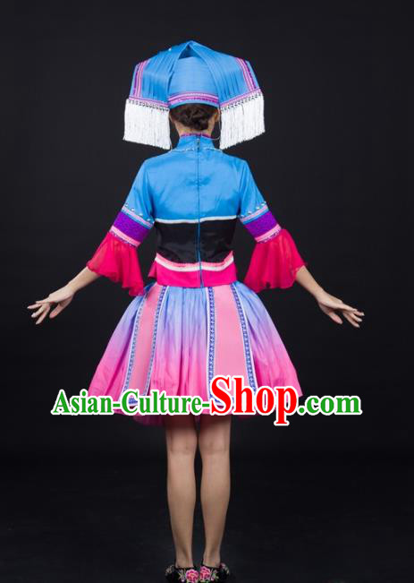 Chinese Ethnic Dance Performance Clothing Traditional Zhuang Nationality Female Garments Guangxi Minority Short Dress and Headwear