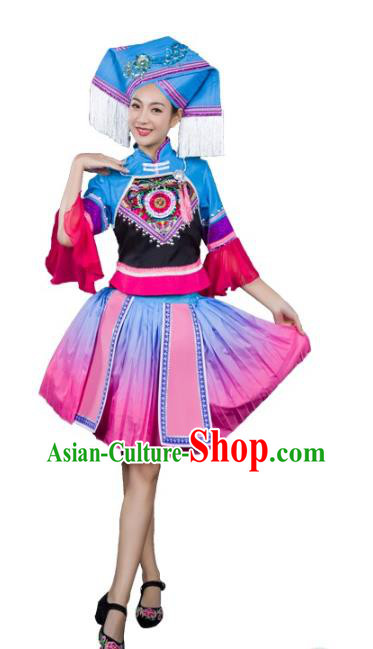 Chinese Ethnic Dance Performance Clothing Traditional Zhuang Nationality Female Garments Guangxi Minority Short Dress and Headwear