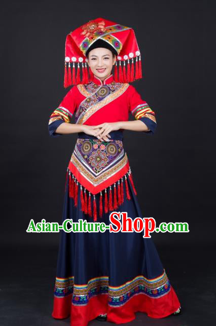 Chinese Guangxi Minority Bride Dress Traditional Ethnic Dance Performance Clothing Zhuang Nationality Garments and Headwear