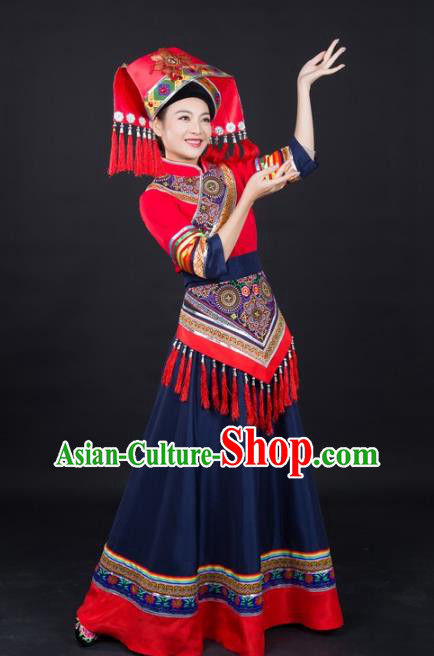 Chinese Guangxi Minority Bride Dress Traditional Ethnic Dance Performance Clothing Zhuang Nationality Garments and Headwear