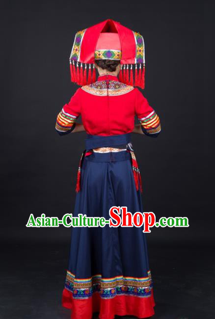 Chinese Guangxi Minority Bride Dress Traditional Ethnic Dance Performance Clothing Zhuang Nationality Garments and Headwear