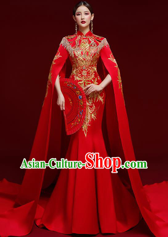 China Stage Show Clothing Catwalks Garment Compere Embroidered Red Full Dress