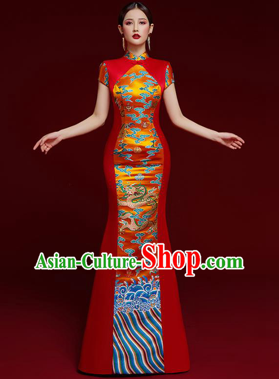 China Catwalks Classical Dragon Pattern Brocade Cheongsam Garment Wedding Red Fishtail Full Dress Stage Show Clothing