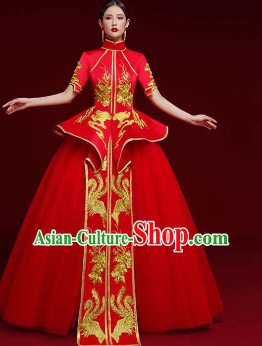 China Wedding Red Brocade Full Dress Stage Show Clothing Catwalks Compere Cheongsam Garment